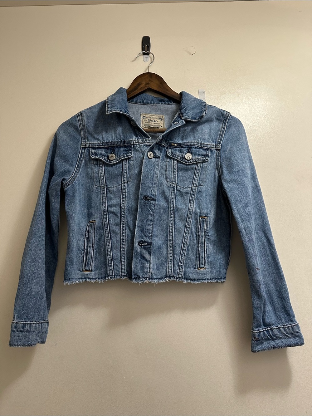 Girl Polo Ralph Lauren Denim Tucker Jacket Y2K Youth Cropped Raw Haw Spell Out